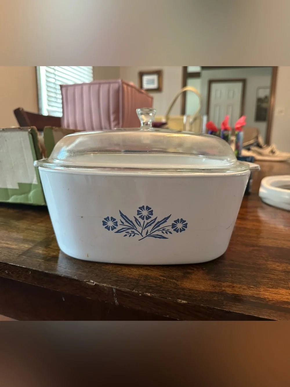 4 Quart Corningware White Casserole with Blue Floral Cornflower Motif